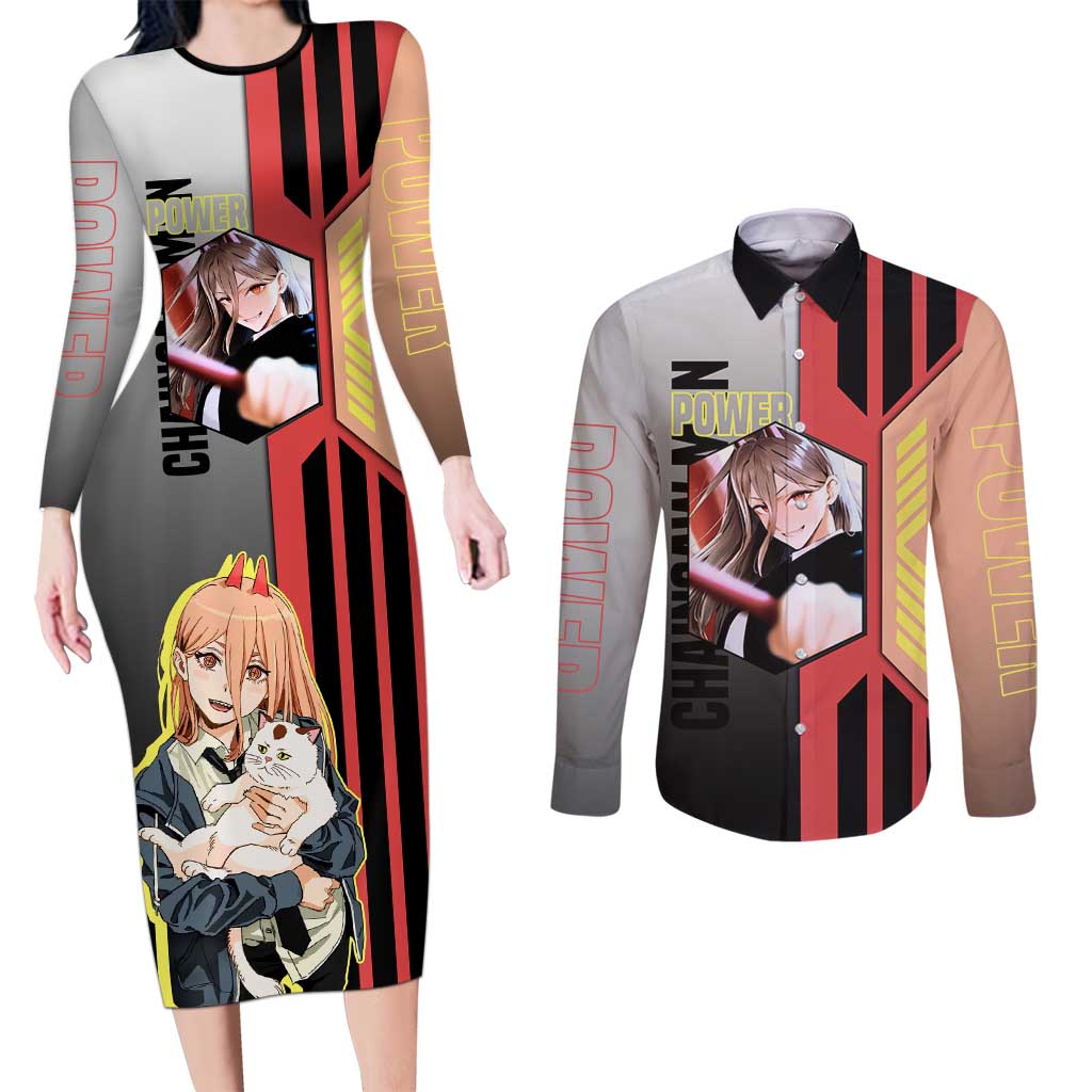 Power from Chainsaw Man Couples Matching Long Sleeve Bodycon Dress and Long Sleeve Button Shirt with Cat in Hand and Stylish Pose Design - The Mazicc