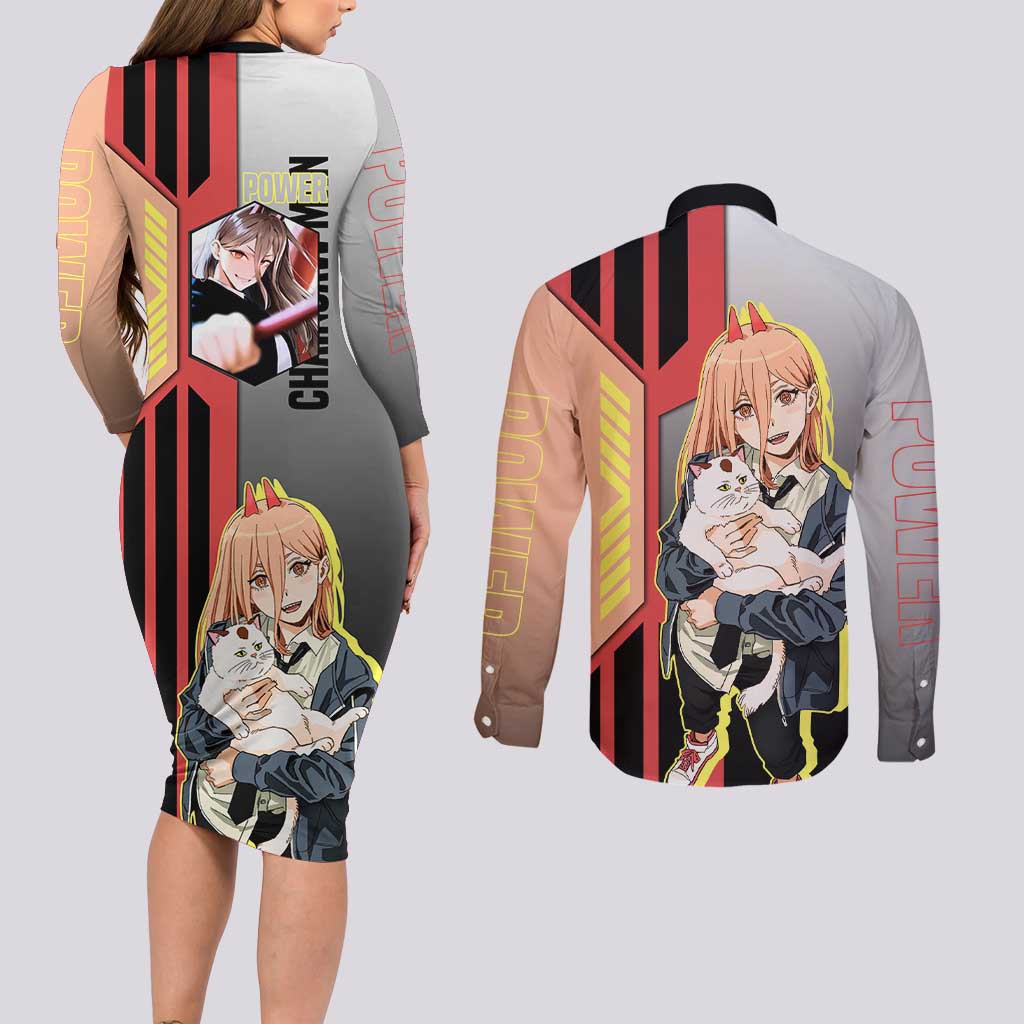 Power from Chainsaw Man Couples Matching Long Sleeve Bodycon Dress and Long Sleeve Button Shirt with Cat in Hand and Stylish Pose Design - The Mazicc