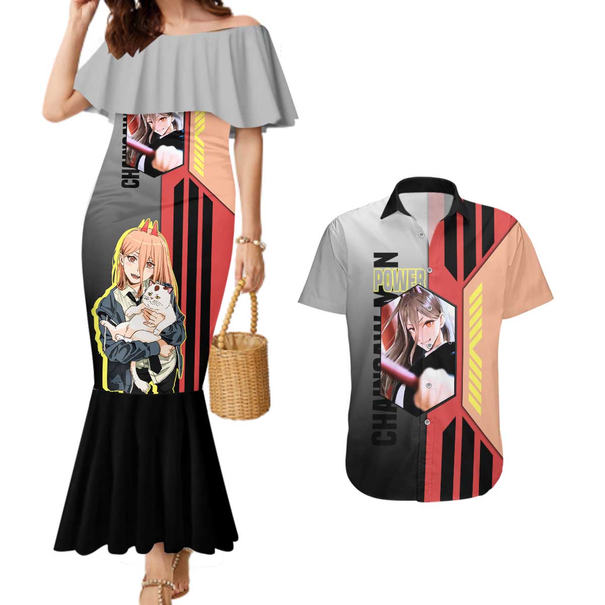 Power from Chainsaw Man Couples Matching Mermaid Dress and Hawaiian Shirt with Cat in Hand and Stylish Pose Design - The Mazicc