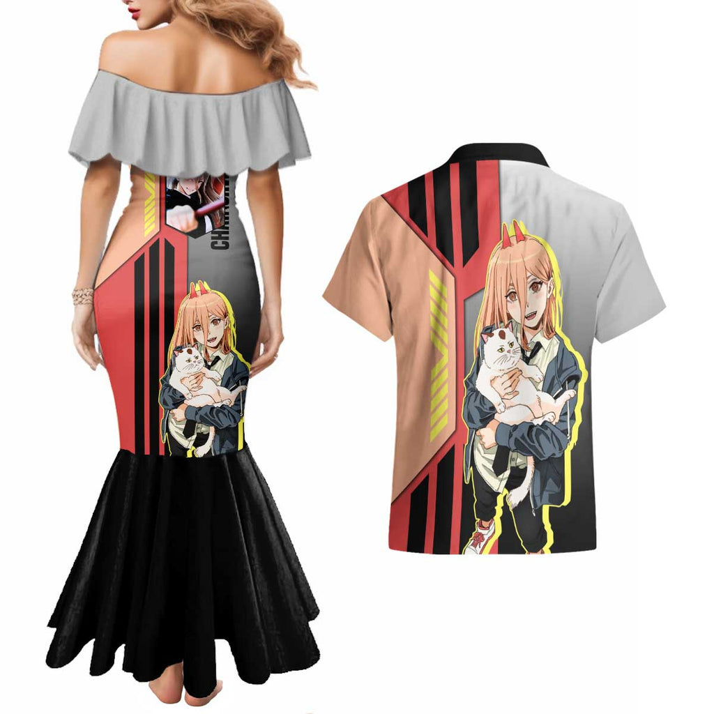 Power from Chainsaw Man Couples Matching Mermaid Dress and Hawaiian Shirt with Cat in Hand and Stylish Pose Design - The Mazicc