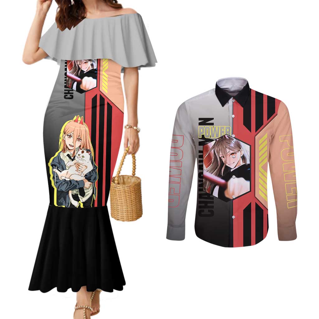 Power from Chainsaw Man Couples Matching Mermaid Dress and Long Sleeve Button Shirt with Cat in Hand and Stylish Pose Design - The Mazicc