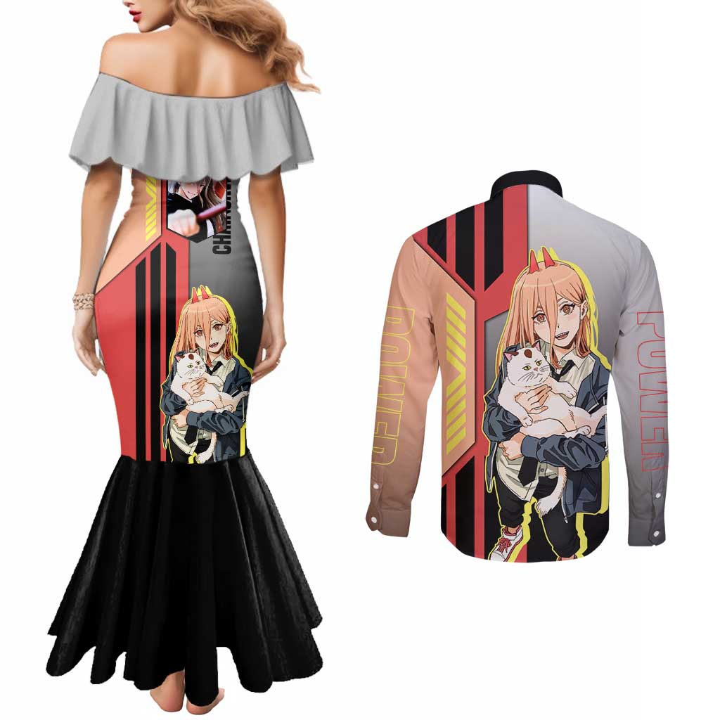 Power from Chainsaw Man Couples Matching Mermaid Dress and Long Sleeve Button Shirt with Cat in Hand and Stylish Pose Design - The Mazicc