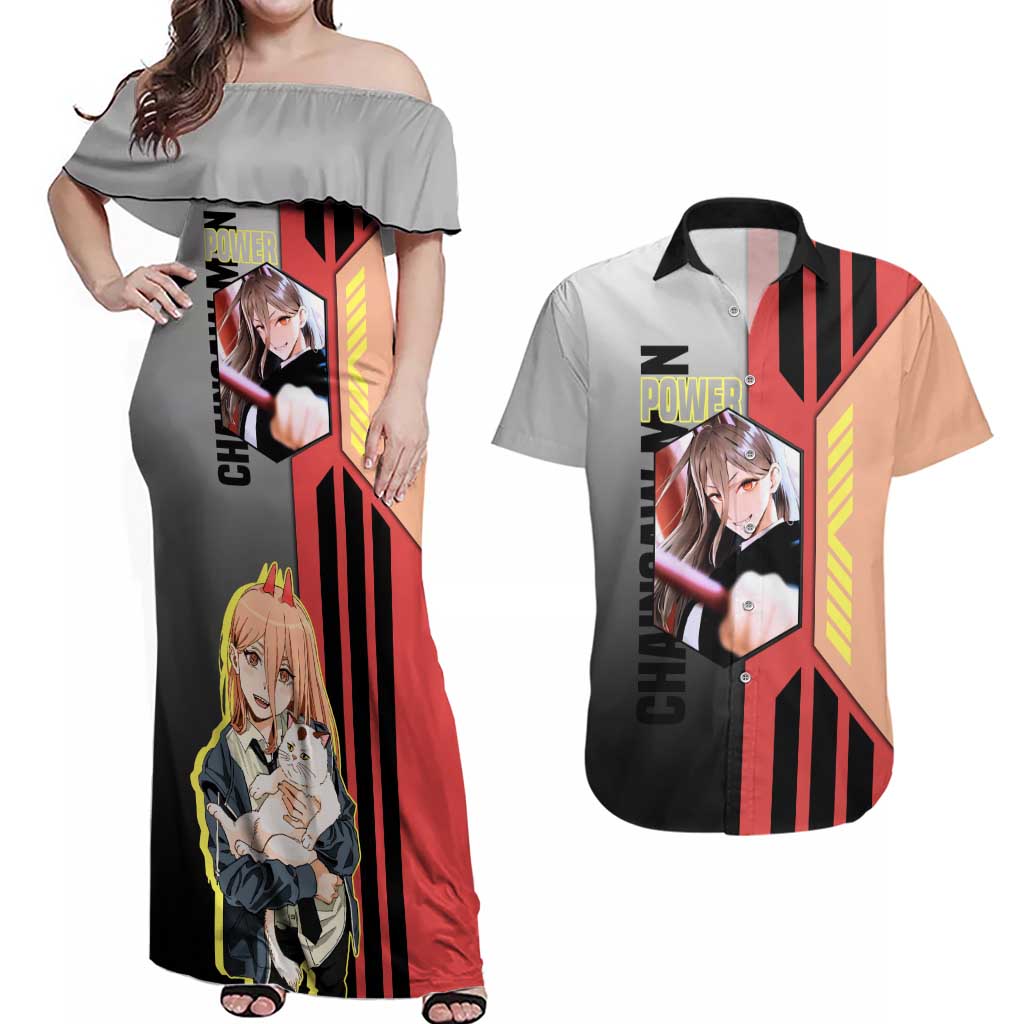 Power from Chainsaw Man Couples Matching Off Shoulder Maxi Dress and Hawaiian Shirt with Cat in Hand and Stylish Pose Design - The Mazicc