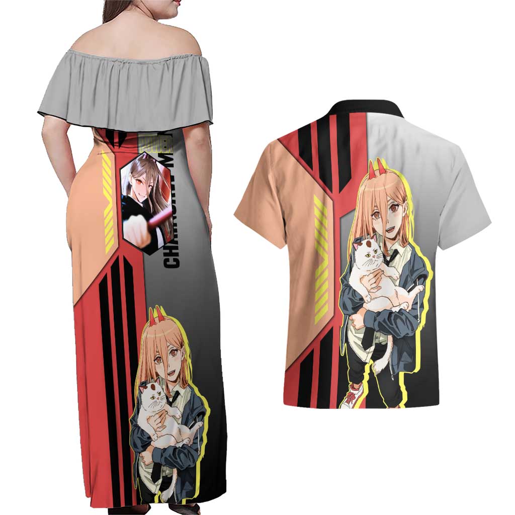Power from Chainsaw Man Couples Matching Off Shoulder Maxi Dress and Hawaiian Shirt with Cat in Hand and Stylish Pose Design - The Mazicc