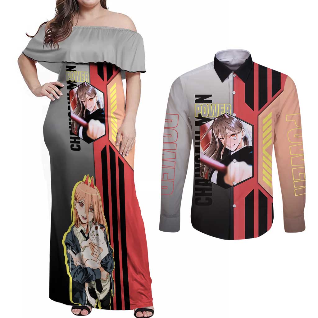 Power from Chainsaw Man Couples Matching Off Shoulder Maxi Dress and Long Sleeve Button Shirt with Cat in Hand and Stylish Pose Design - The Mazicc