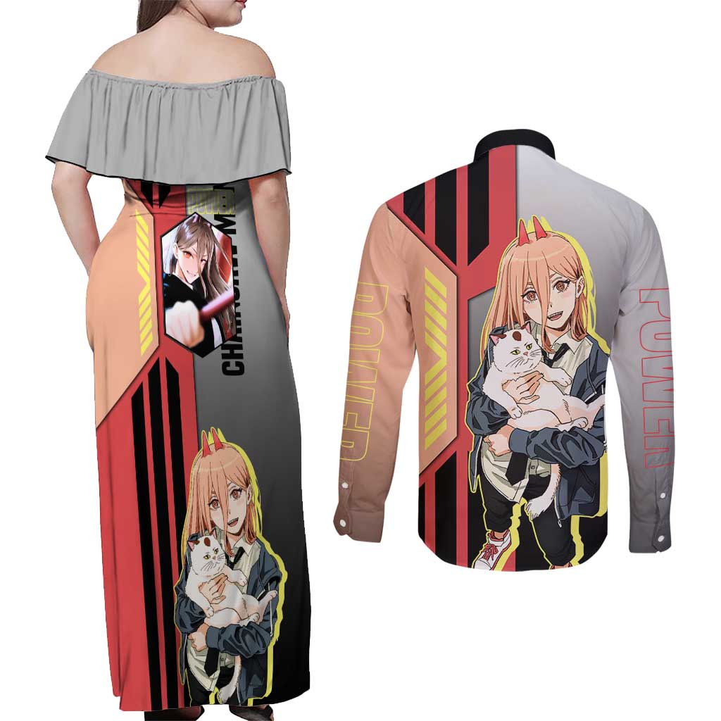 Power from Chainsaw Man Couples Matching Off Shoulder Maxi Dress and Long Sleeve Button Shirt with Cat in Hand and Stylish Pose Design - The Mazicc