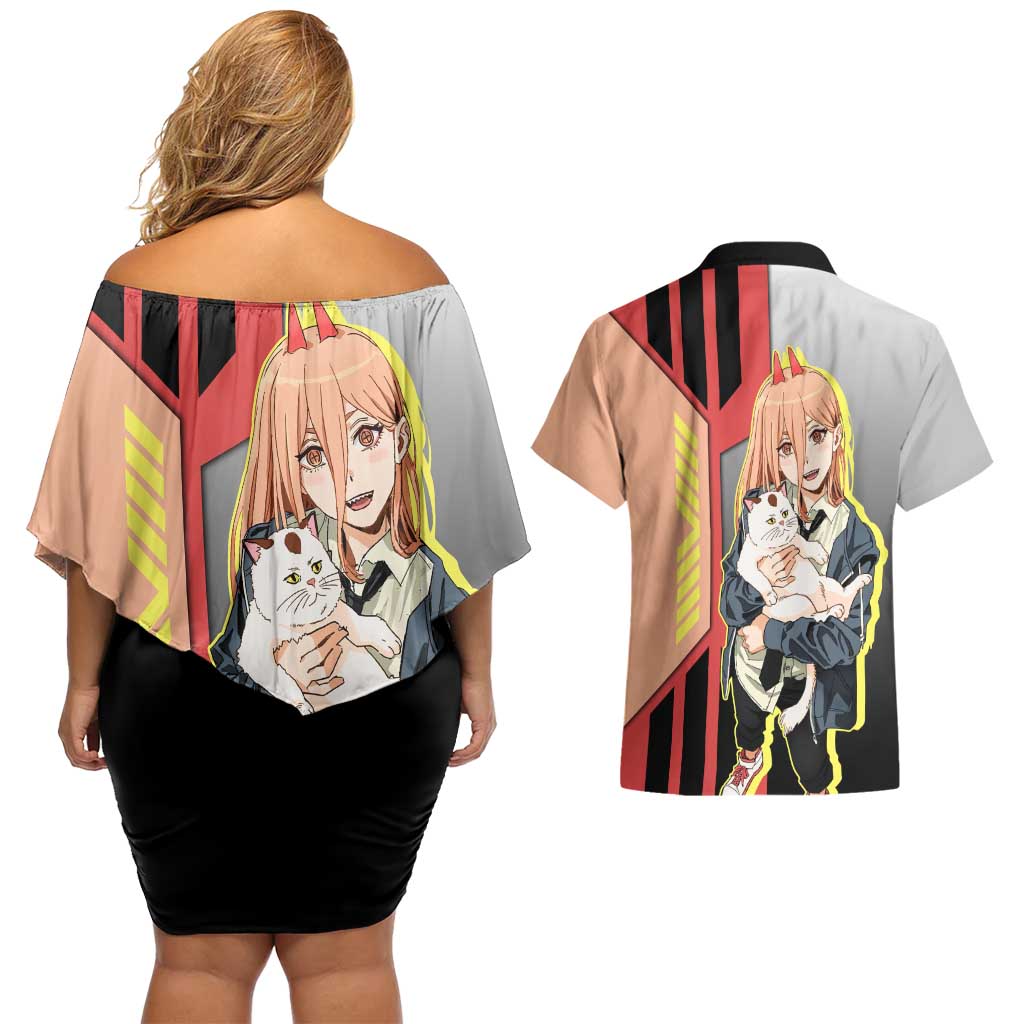 Power from Chainsaw Man Couples Matching Off Shoulder Short Dress and Hawaiian Shirt with Cat in Hand and Stylish Pose Design - The Mazicc