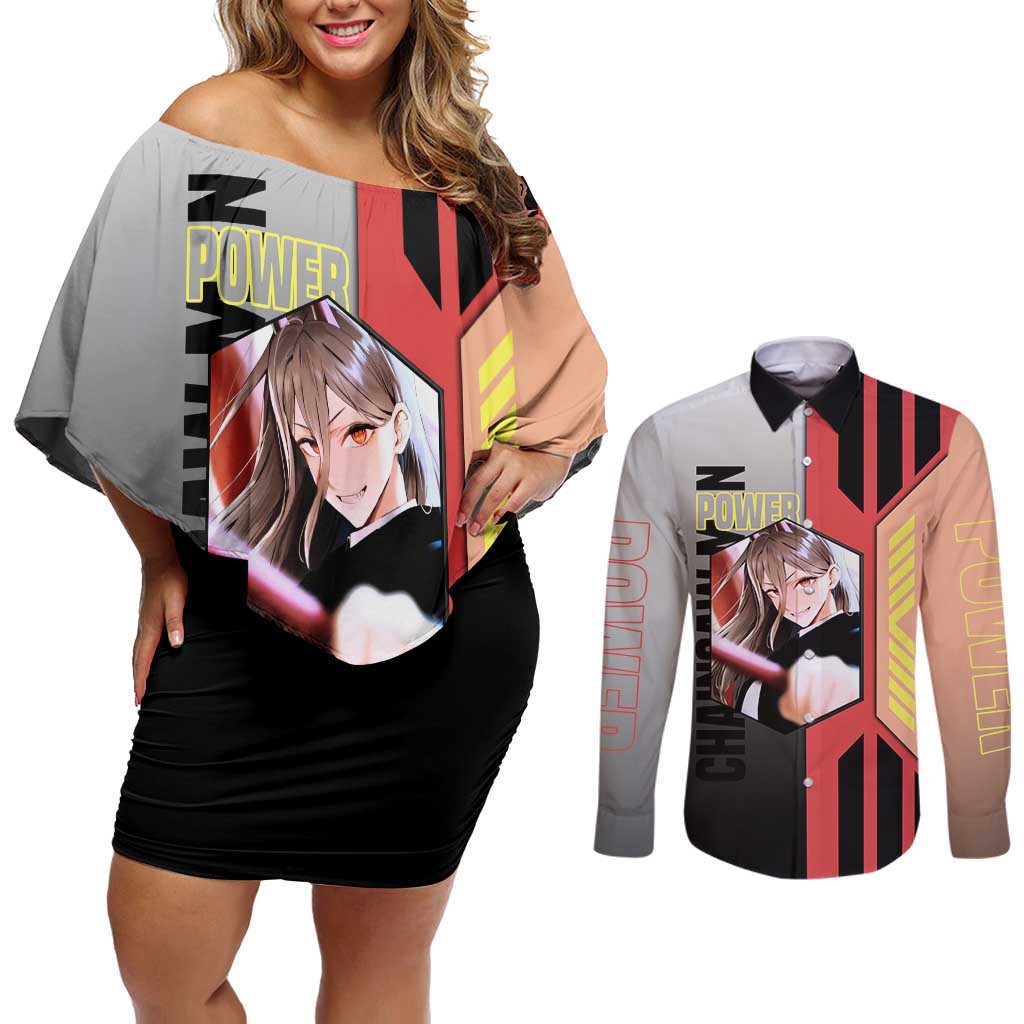 Power from Chainsaw Man Couples Matching Off Shoulder Short Dress and Long Sleeve Button Shirt with Cat in Hand and Stylish Pose Design - The Mazicc
