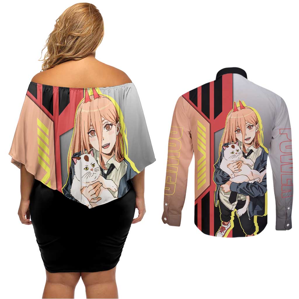 Power from Chainsaw Man Couples Matching Off Shoulder Short Dress and Long Sleeve Button Shirt with Cat in Hand and Stylish Pose Design - The Mazicc