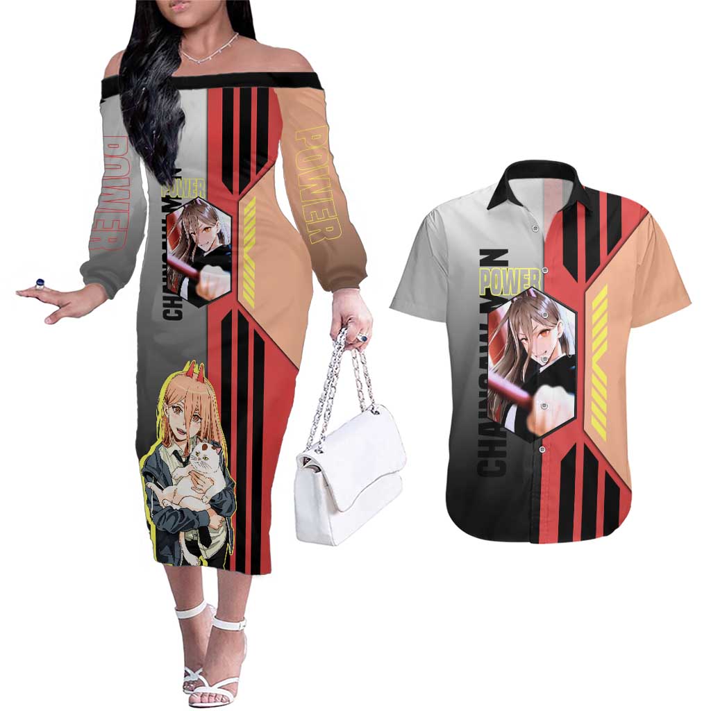 Power from Chainsaw Man Couples Matching Off The Shoulder Long Sleeve Dress and Hawaiian Shirt with Cat in Hand and Stylish Pose Design - The Mazicc