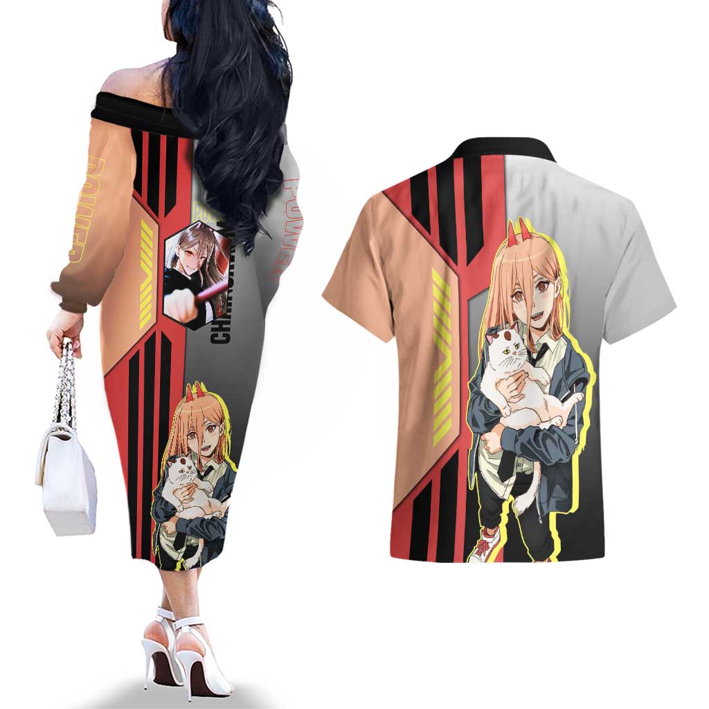 Power from Chainsaw Man Couples Matching Off The Shoulder Long Sleeve Dress and Hawaiian Shirt with Cat in Hand and Stylish Pose Design - The Mazicc