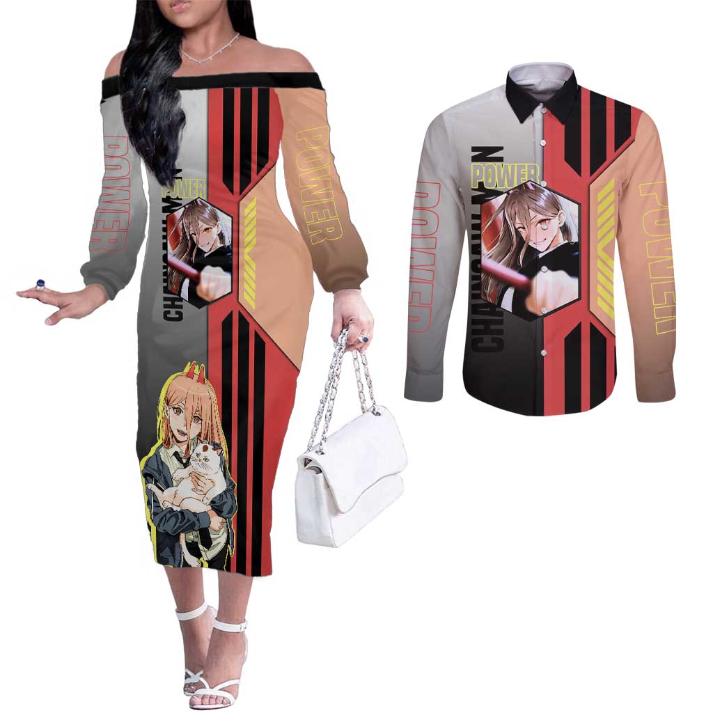 Power from Chainsaw Man Couples Matching Off The Shoulder Long Sleeve Dress and Long Sleeve Button Shirt with Cat in Hand and Stylish Pose Design - The Mazicc