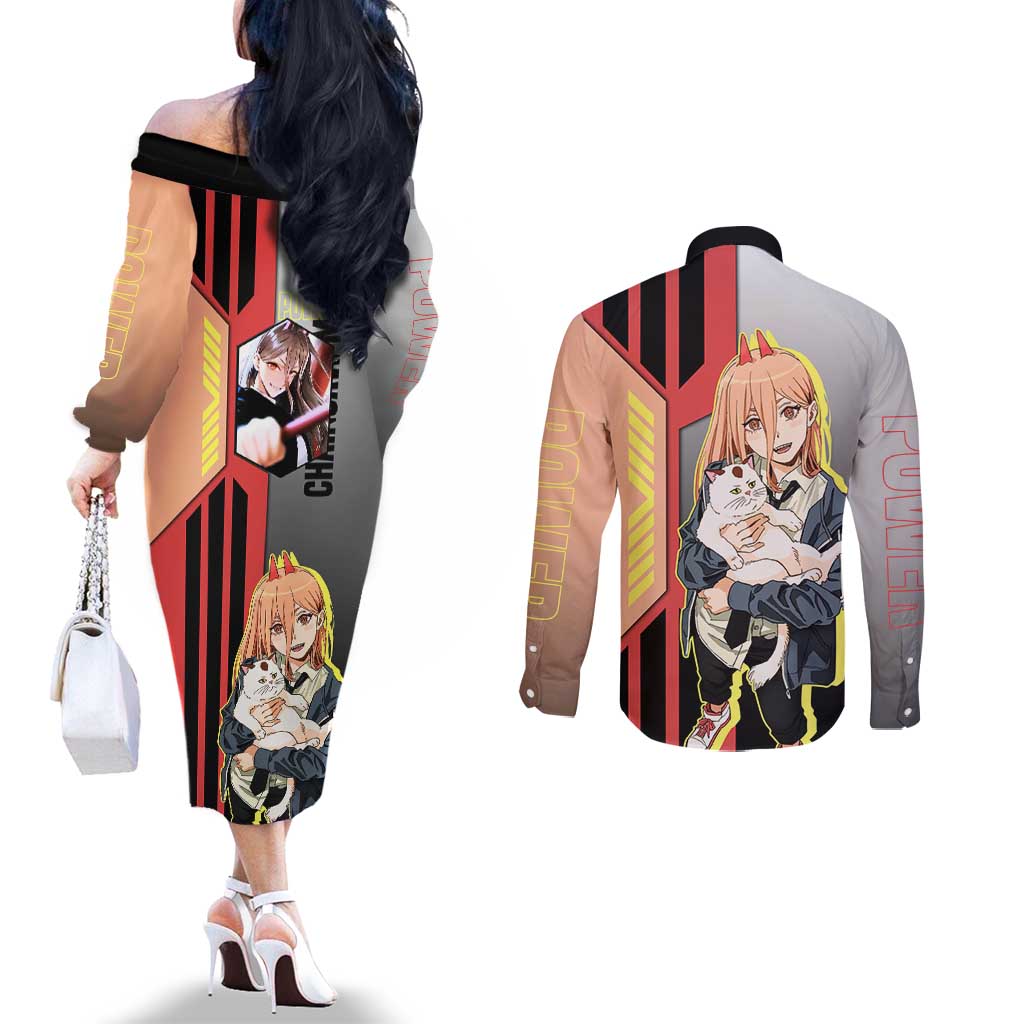 Power from Chainsaw Man Couples Matching Off The Shoulder Long Sleeve Dress and Long Sleeve Button Shirt with Cat in Hand and Stylish Pose Design - The Mazicc