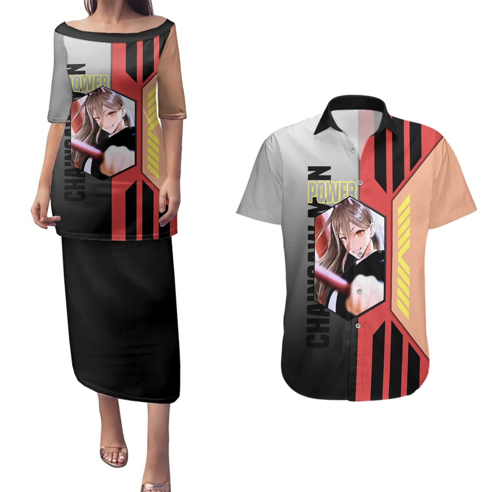 Power from Chainsaw Man Couples Matching Puletasi and Hawaiian Shirt with Cat in Hand and Stylish Pose Design - The Mazicc
