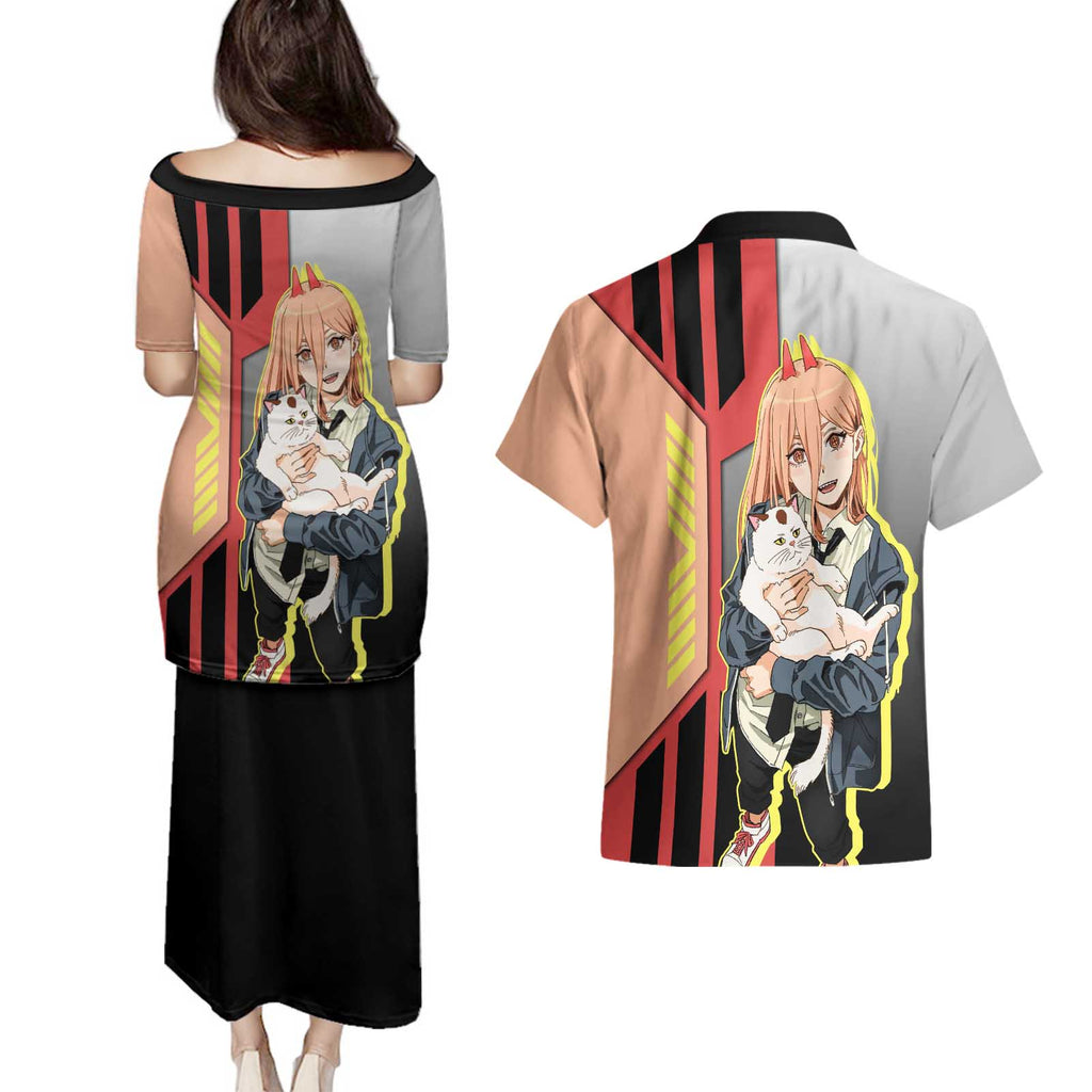 Power from Chainsaw Man Couples Matching Puletasi and Hawaiian Shirt with Cat in Hand and Stylish Pose Design - The Mazicc