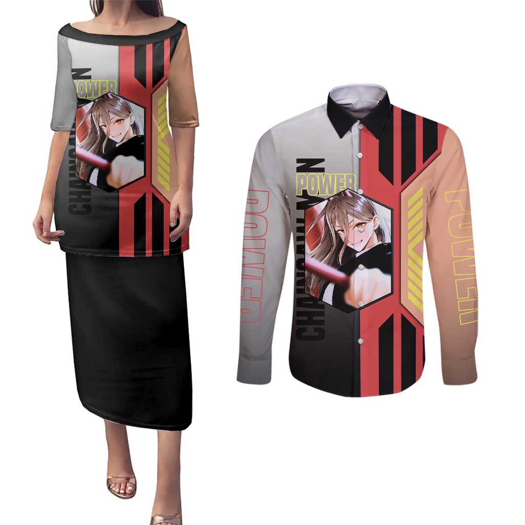 Power from Chainsaw Man Couples Matching Puletasi and Long Sleeve Button Shirt with Cat in Hand and Stylish Pose Design - The Mazicc