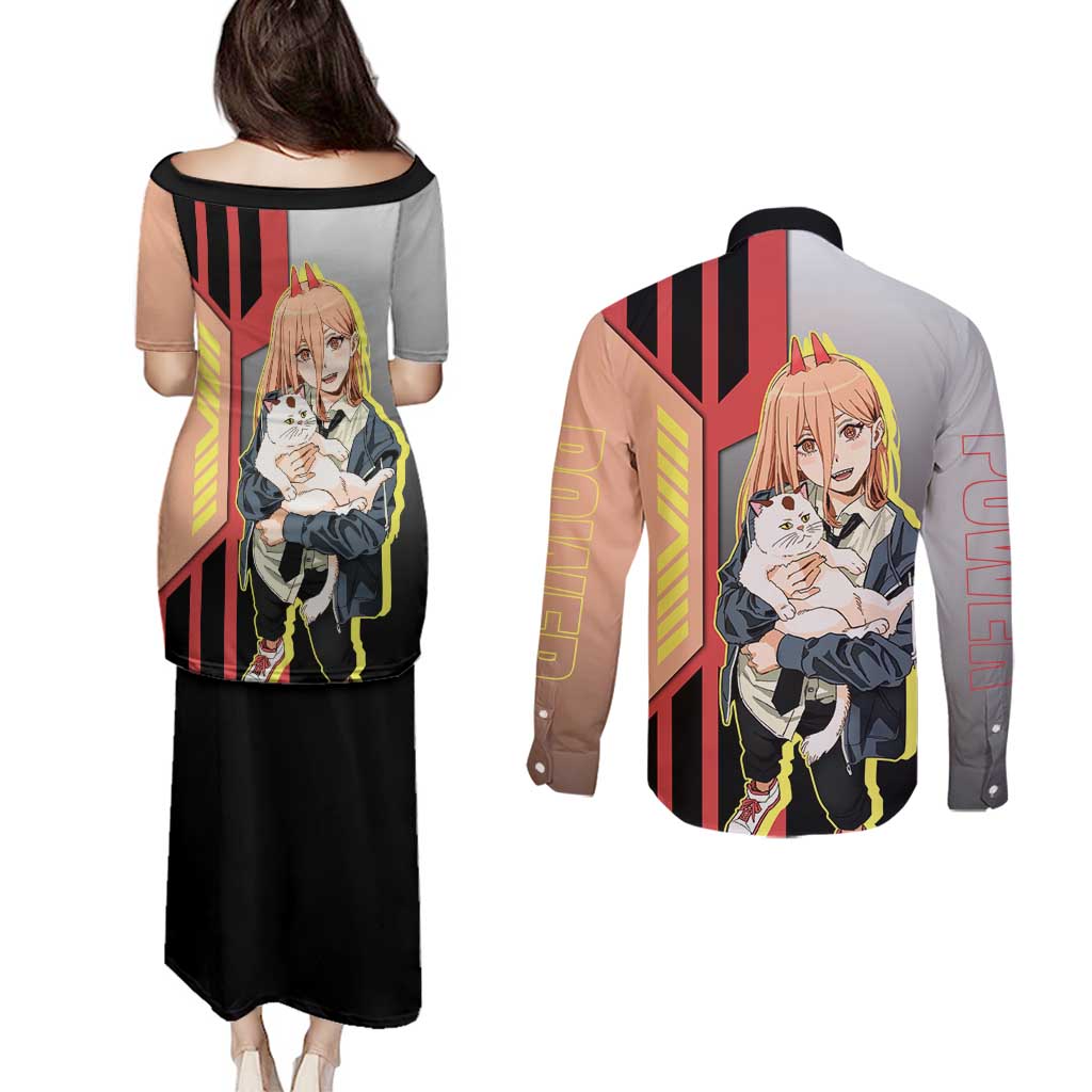 Power from Chainsaw Man Couples Matching Puletasi and Long Sleeve Button Shirt with Cat in Hand and Stylish Pose Design - The Mazicc