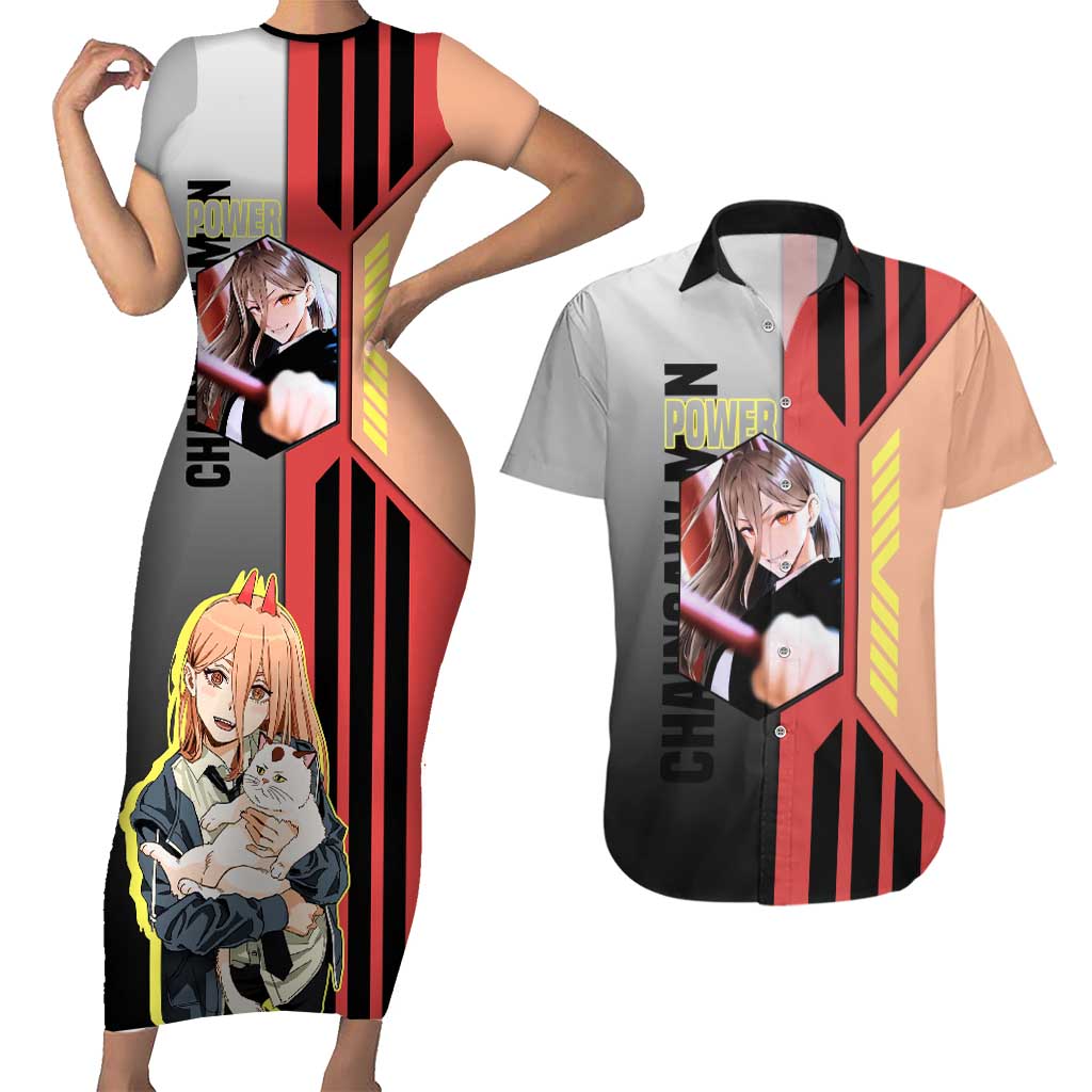 Power from Chainsaw Man Couples Matching Short Sleeve Bodycon Dress and Hawaiian Shirt with Cat in Hand and Stylish Pose Design - The Mazicc