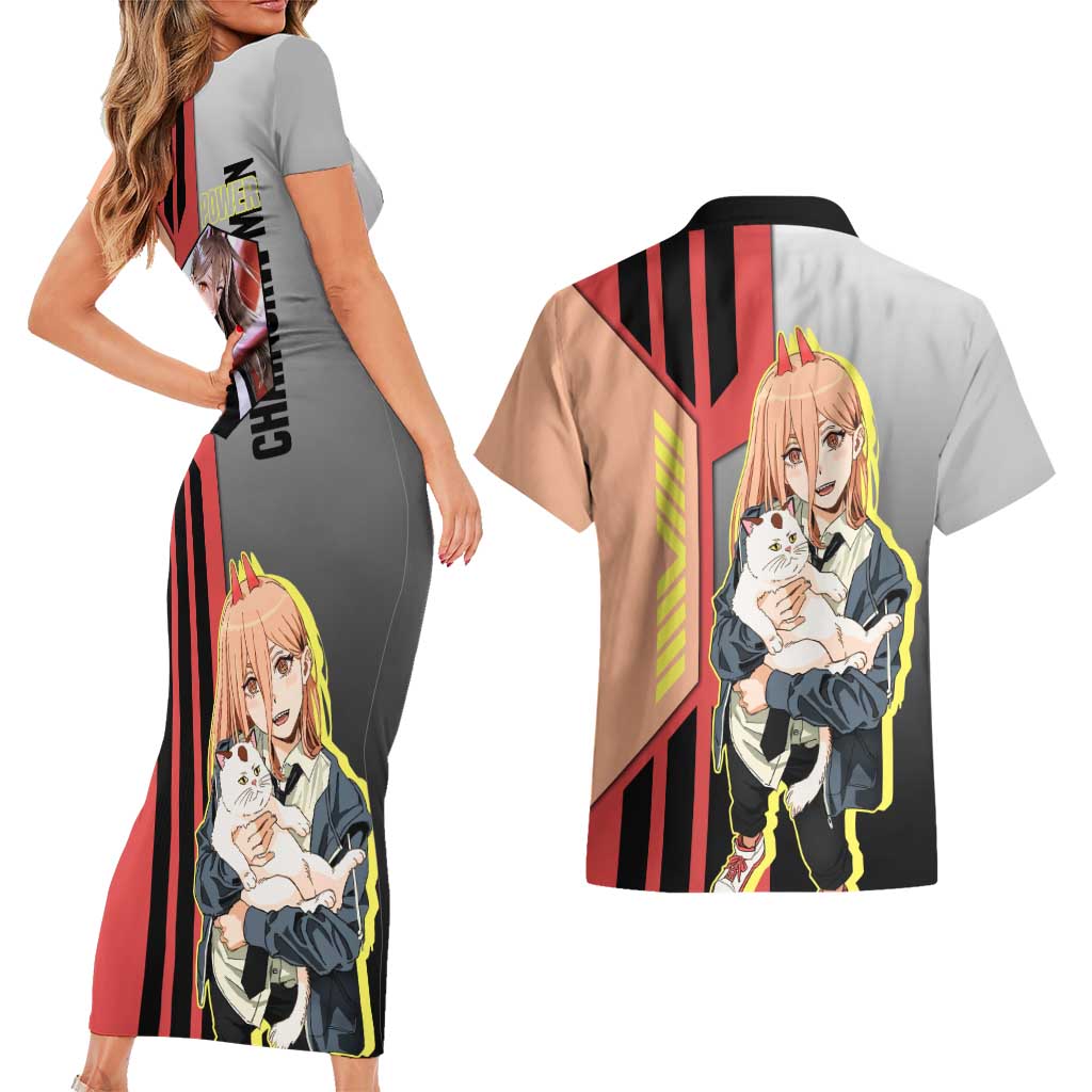 Power from Chainsaw Man Couples Matching Short Sleeve Bodycon Dress and Hawaiian Shirt with Cat in Hand and Stylish Pose Design - The Mazicc