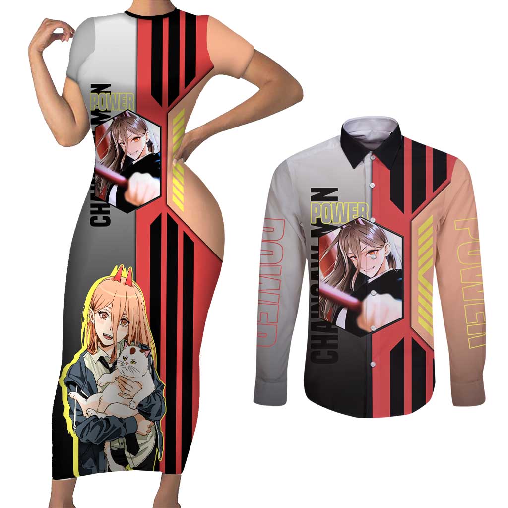 Power from Chainsaw Man Couples Matching Short Sleeve Bodycon Dress and Long Sleeve Button Shirt with Cat in Hand and Stylish Pose Design - The Mazicc