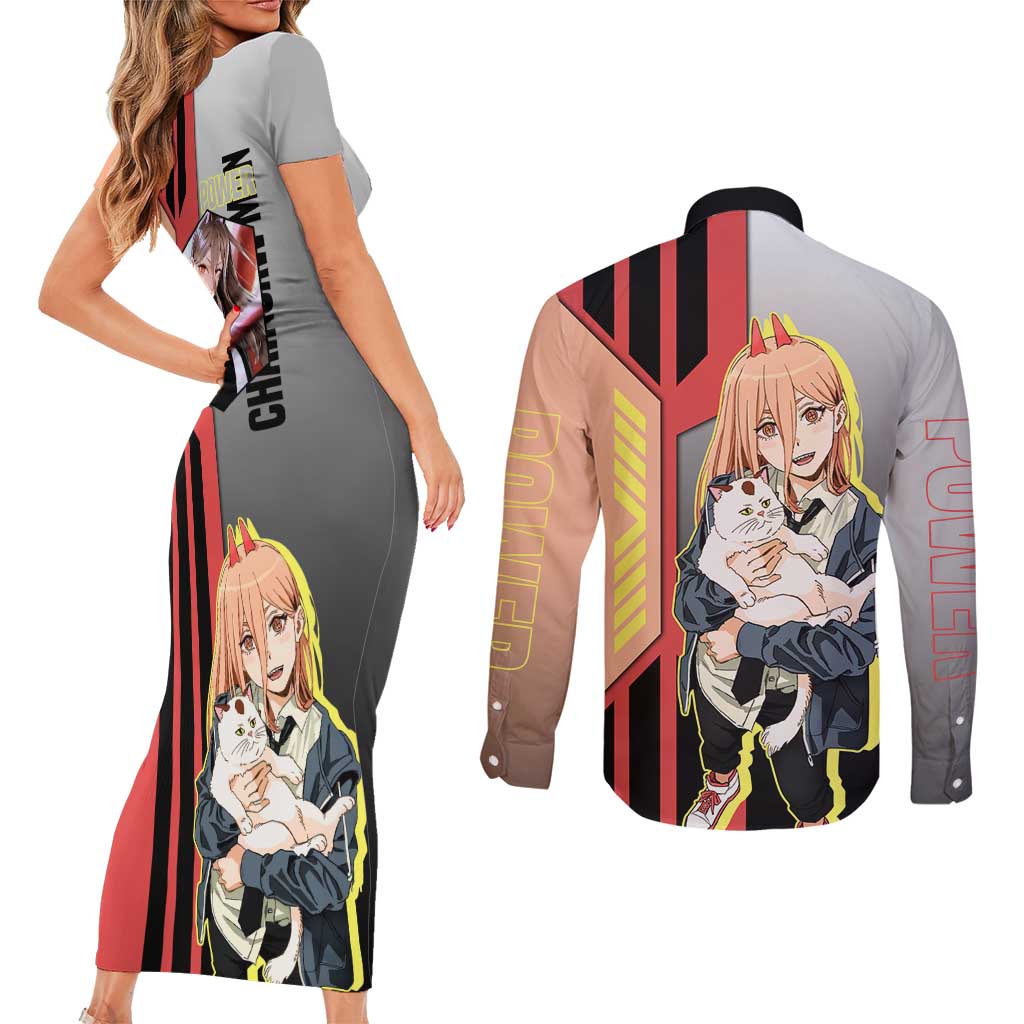 Power from Chainsaw Man Couples Matching Short Sleeve Bodycon Dress and Long Sleeve Button Shirt with Cat in Hand and Stylish Pose Design - The Mazicc