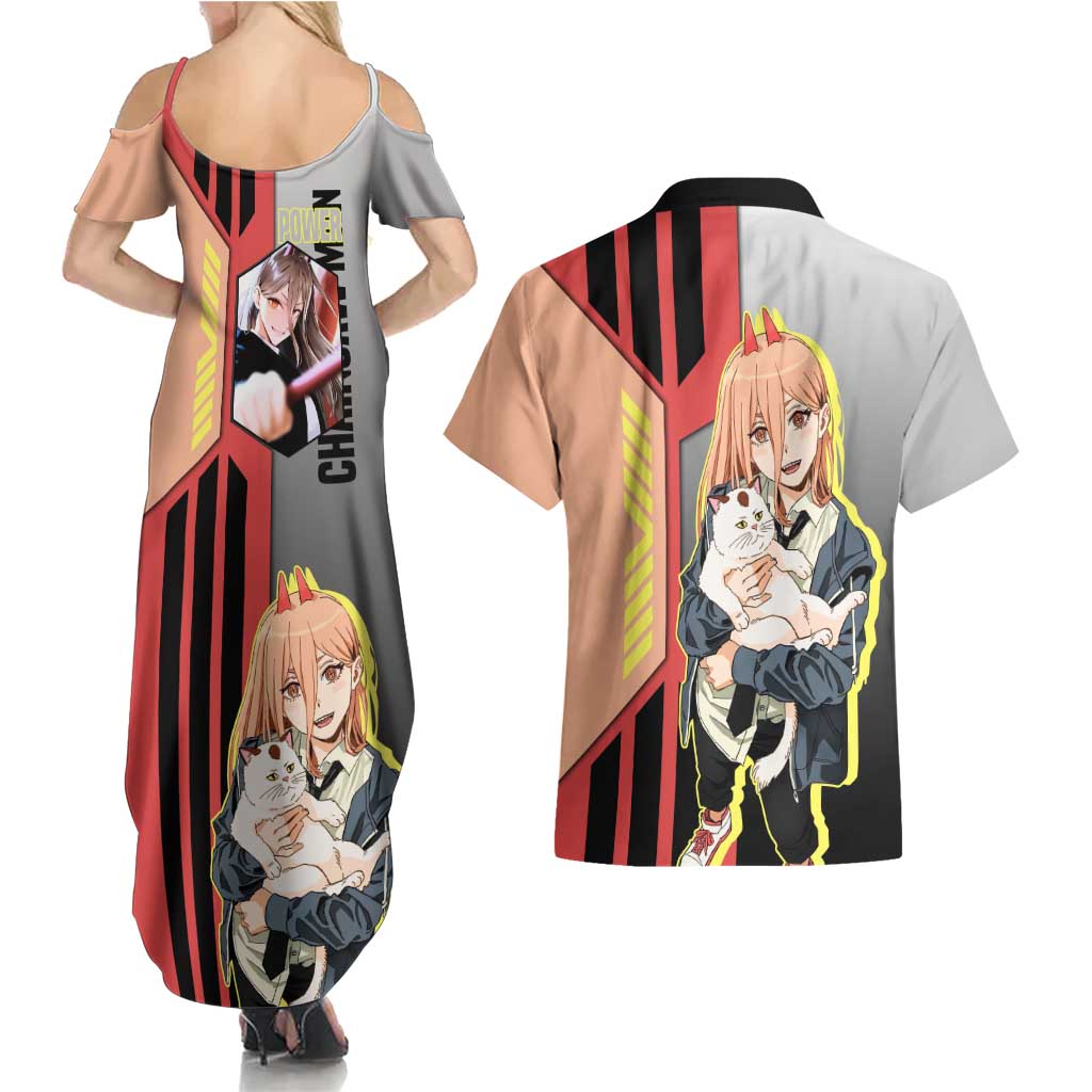 Power from Chainsaw Man Couples Matching Summer Maxi Dress and Hawaiian Shirt with Cat in Hand and Stylish Pose Design - The Mazicc
