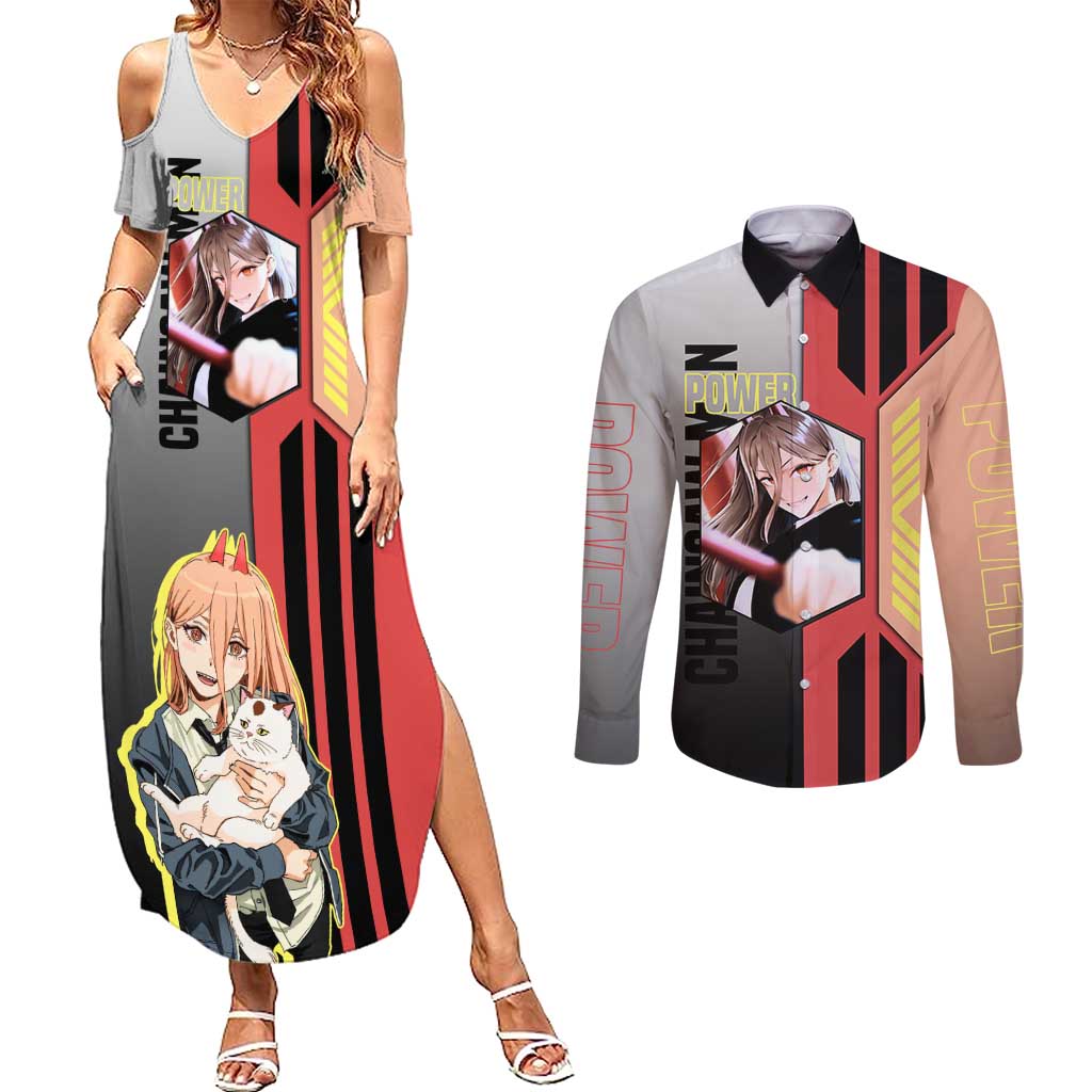 Power from Chainsaw Man Couples Matching Summer Maxi Dress and Long Sleeve Button Shirt with Cat in Hand and Stylish Pose Design - The Mazicc