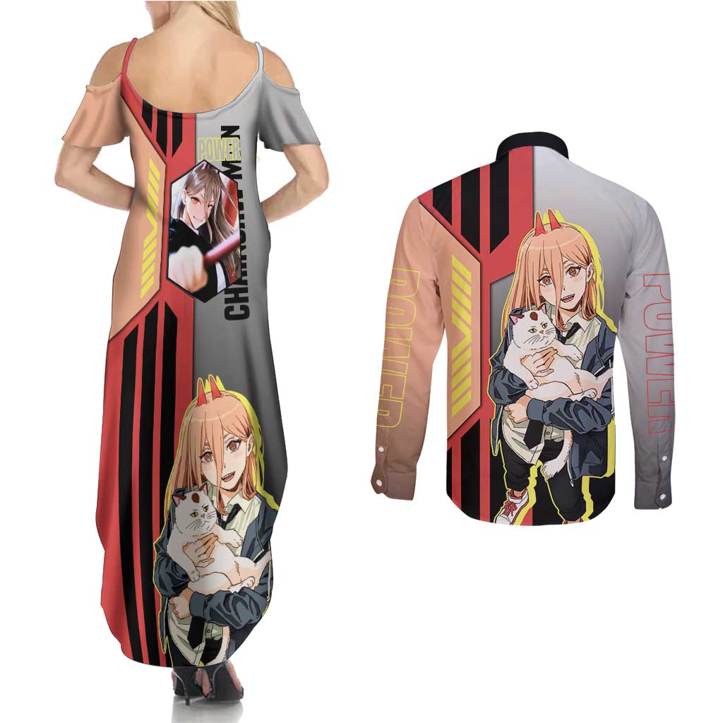Power from Chainsaw Man Couples Matching Summer Maxi Dress and Long Sleeve Button Shirt with Cat in Hand and Stylish Pose Design - The Mazicc