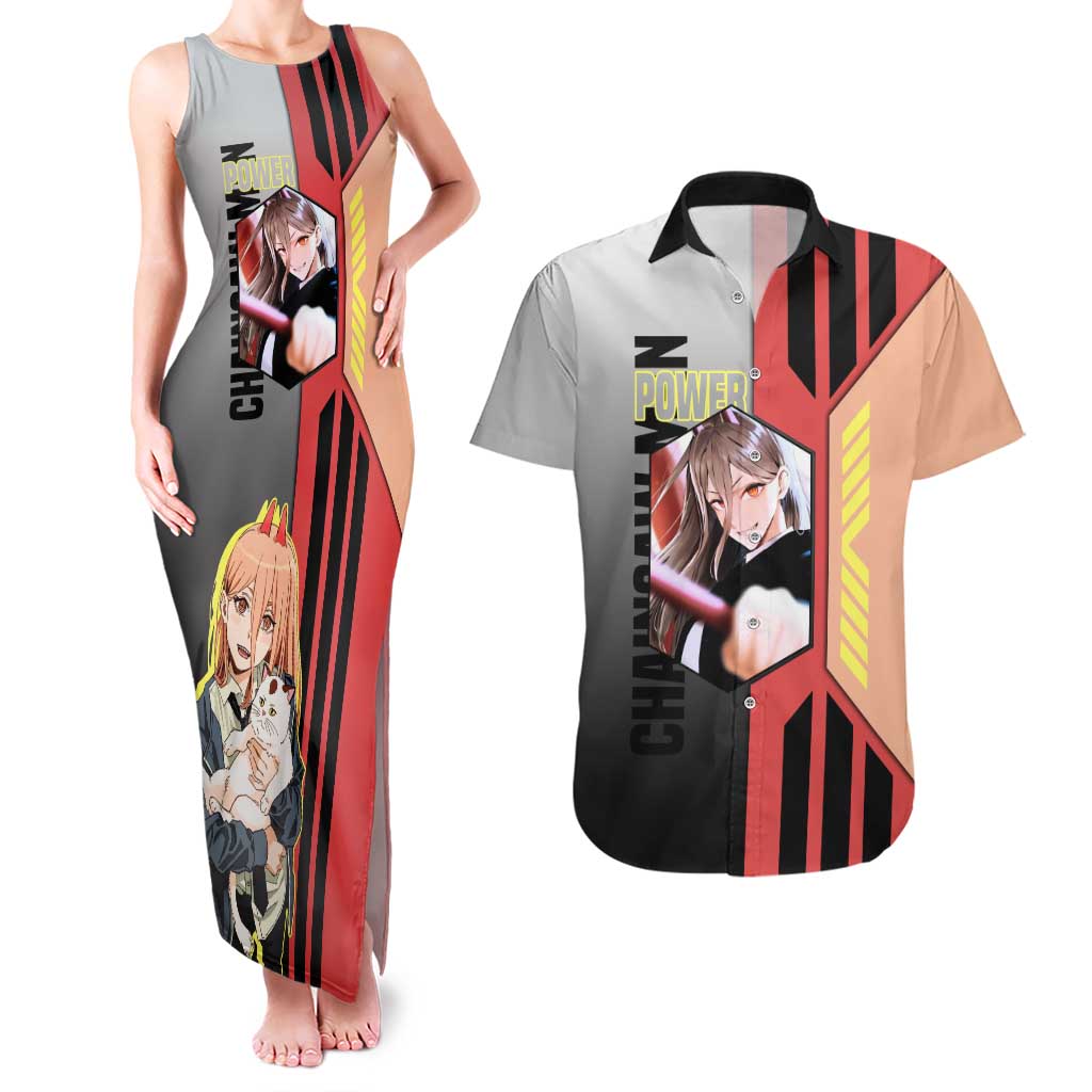 Power from Chainsaw Man Couples Matching Tank Maxi Dress and Hawaiian Shirt with Cat in Hand and Stylish Pose Design - The Mazicc