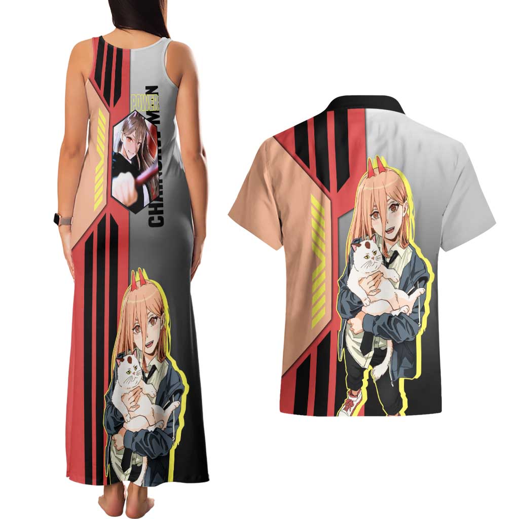 Power from Chainsaw Man Couples Matching Tank Maxi Dress and Hawaiian Shirt with Cat in Hand and Stylish Pose Design - The Mazicc