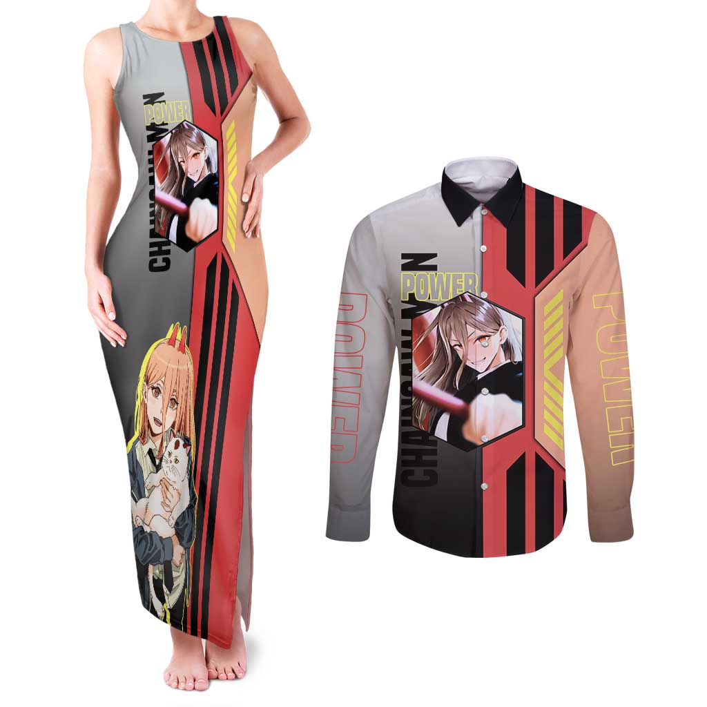 Power from Chainsaw Man Couples Matching Tank Maxi Dress and Long Sleeve Button Shirt with Cat in Hand and Stylish Pose Design - The Mazicc
