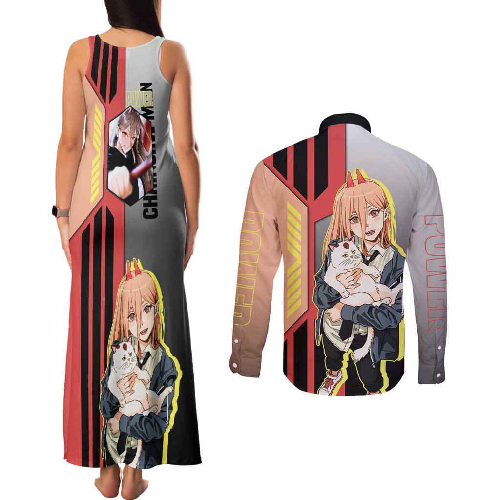 Power from Chainsaw Man Couples Matching Tank Maxi Dress and Long Sleeve Button Shirt with Cat in Hand and Stylish Pose Design - The Mazicc