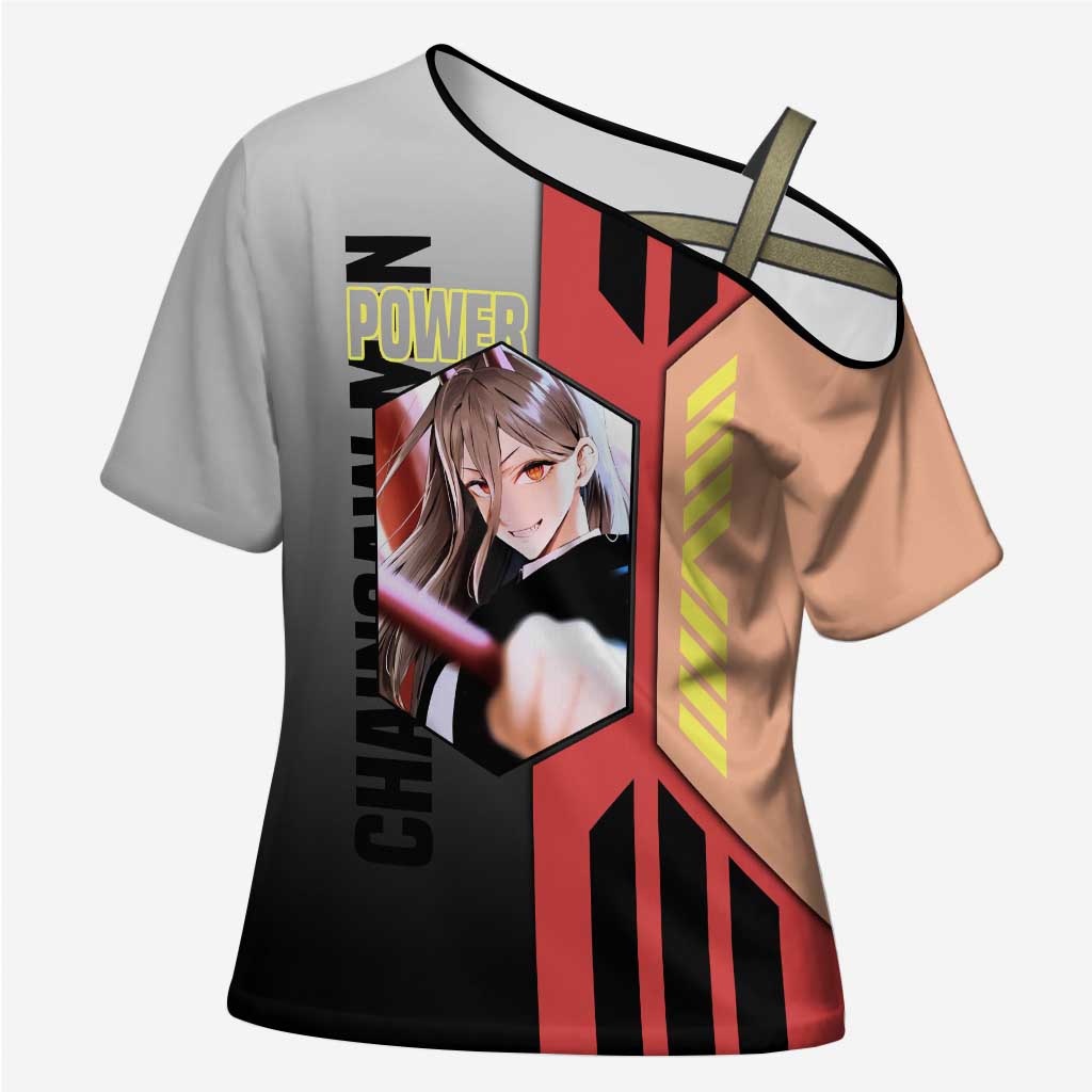 Power from Chainsaw Man Cross Shoulder Shirt with Cat in Hand and Stylish Pose Design - The Mazicc