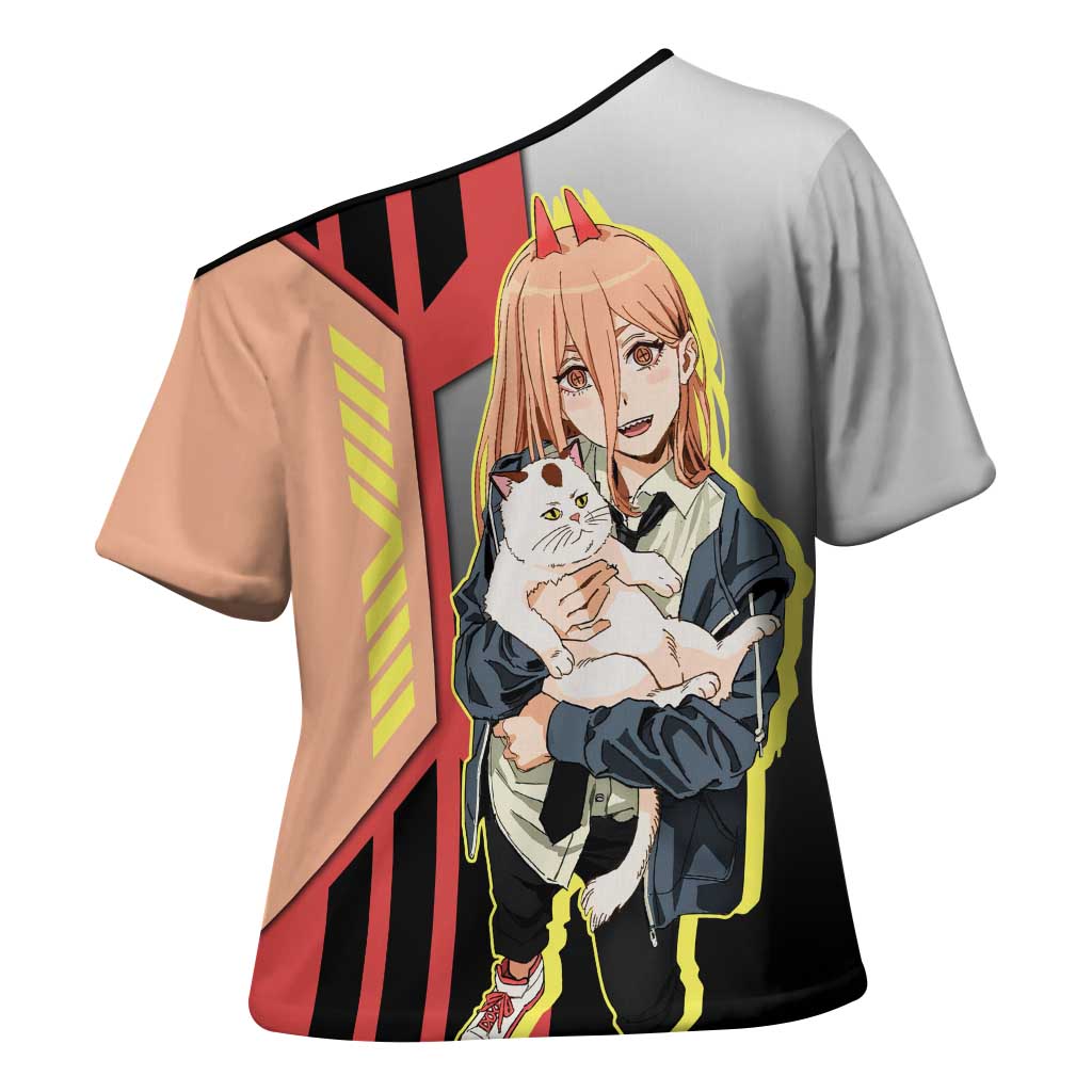 Power from Chainsaw Man Cross Shoulder Shirt with Cat in Hand and Stylish Pose Design - The Mazicc