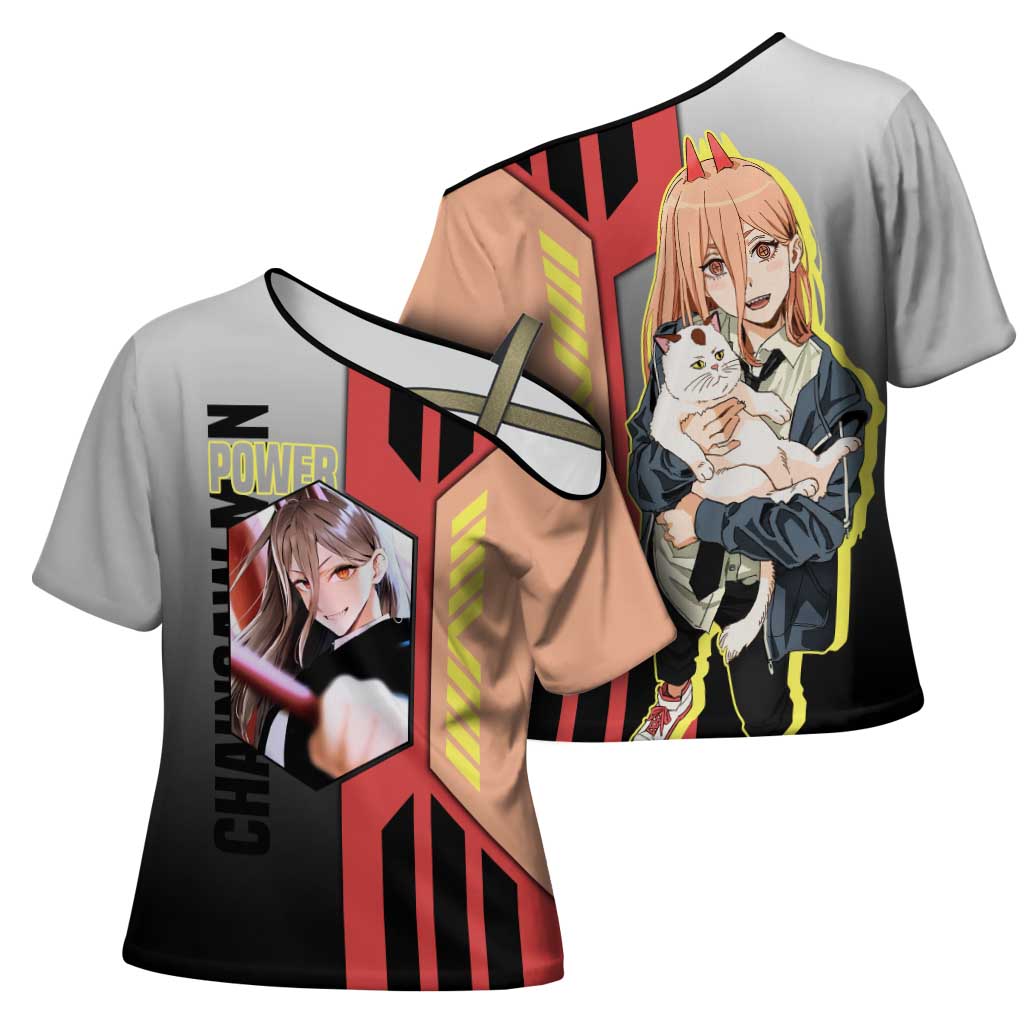 Power from Chainsaw Man Cross Shoulder Shirt with Cat in Hand and Stylish Pose Design - The Mazicc