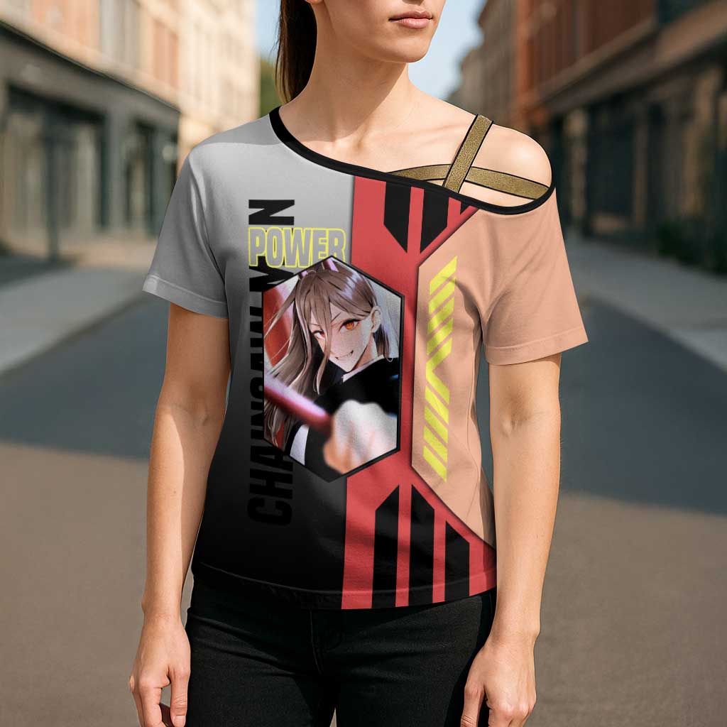 Power from Chainsaw Man Cross Shoulder Shirt with Cat in Hand and Stylish Pose Design - The Mazicc