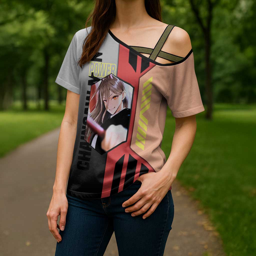 Power from Chainsaw Man Cross Shoulder Shirt with Cat in Hand and Stylish Pose Design - The Mazicc
