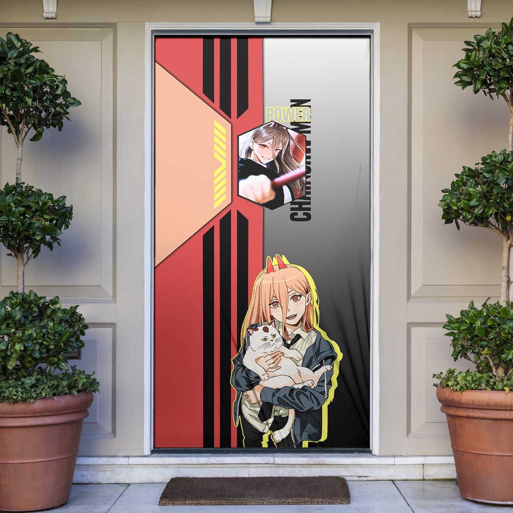 Power from Chainsaw Man Door Cover with Cat in Hand and Stylish Pose Design - The Mazicc