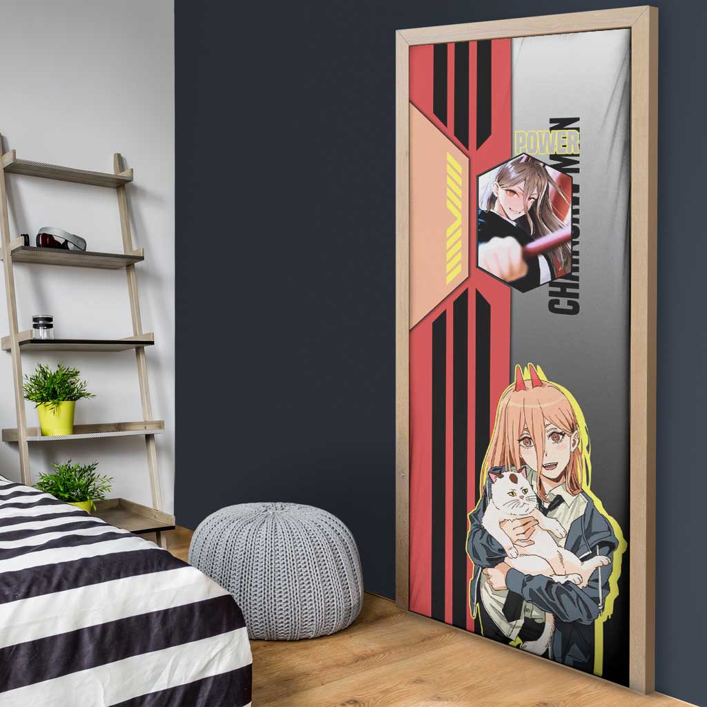 Power from Chainsaw Man Door Cover with Cat in Hand and Stylish Pose Design - The Mazicc