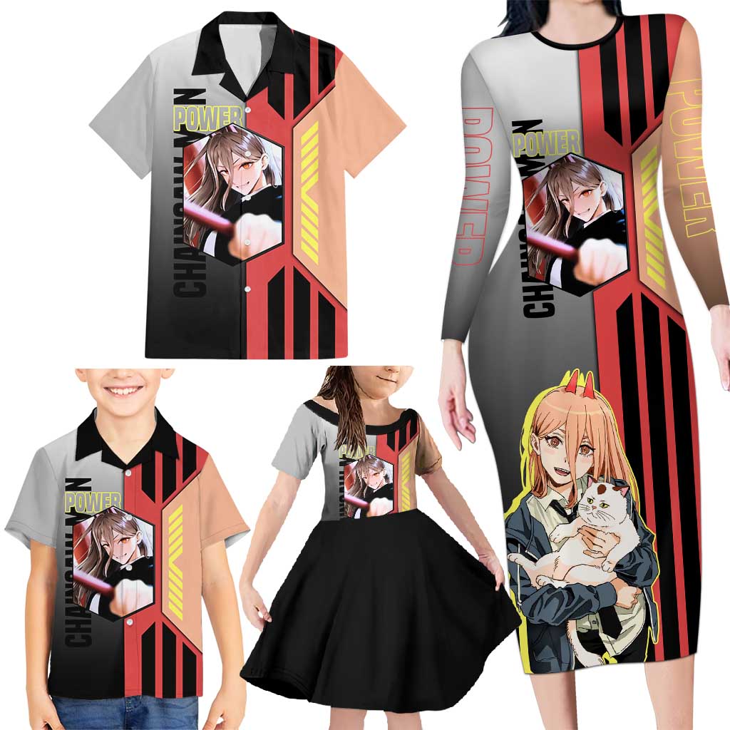Power from Chainsaw Man Family Matching Long Sleeve Bodycon Dress and Hawaiian Shirt with Cat in Hand and Stylish Pose Design - The Mazicc