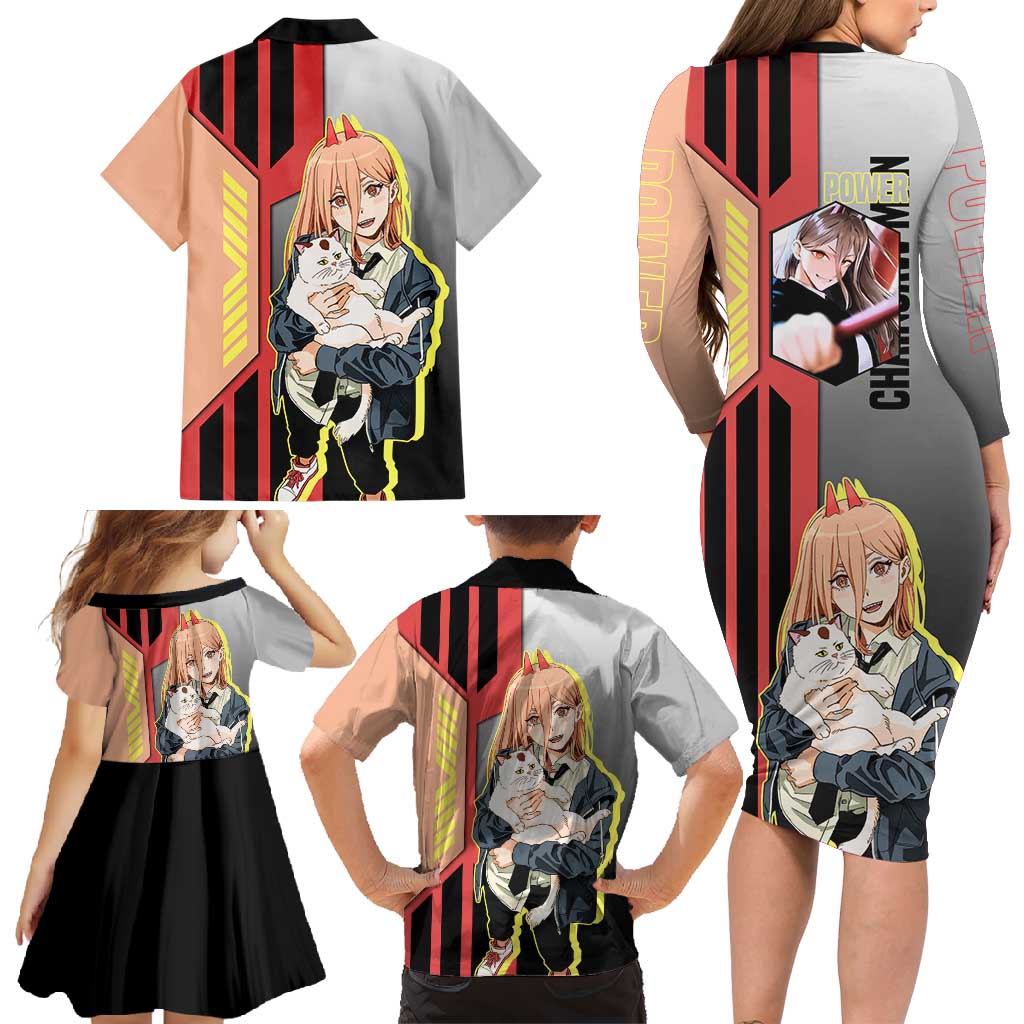 Power from Chainsaw Man Family Matching Long Sleeve Bodycon Dress and Hawaiian Shirt with Cat in Hand and Stylish Pose Design - The Mazicc