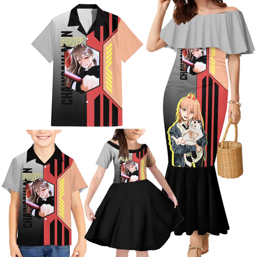 Power from Chainsaw Man Family Matching Mermaid Dress and Hawaiian Shirt with Cat in Hand and Stylish Pose Design - The Mazicc