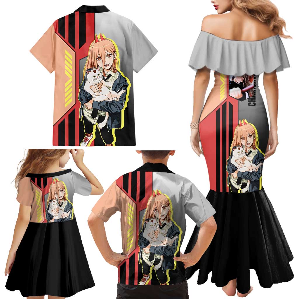 Power from Chainsaw Man Family Matching Mermaid Dress and Hawaiian Shirt with Cat in Hand and Stylish Pose Design - The Mazicc
