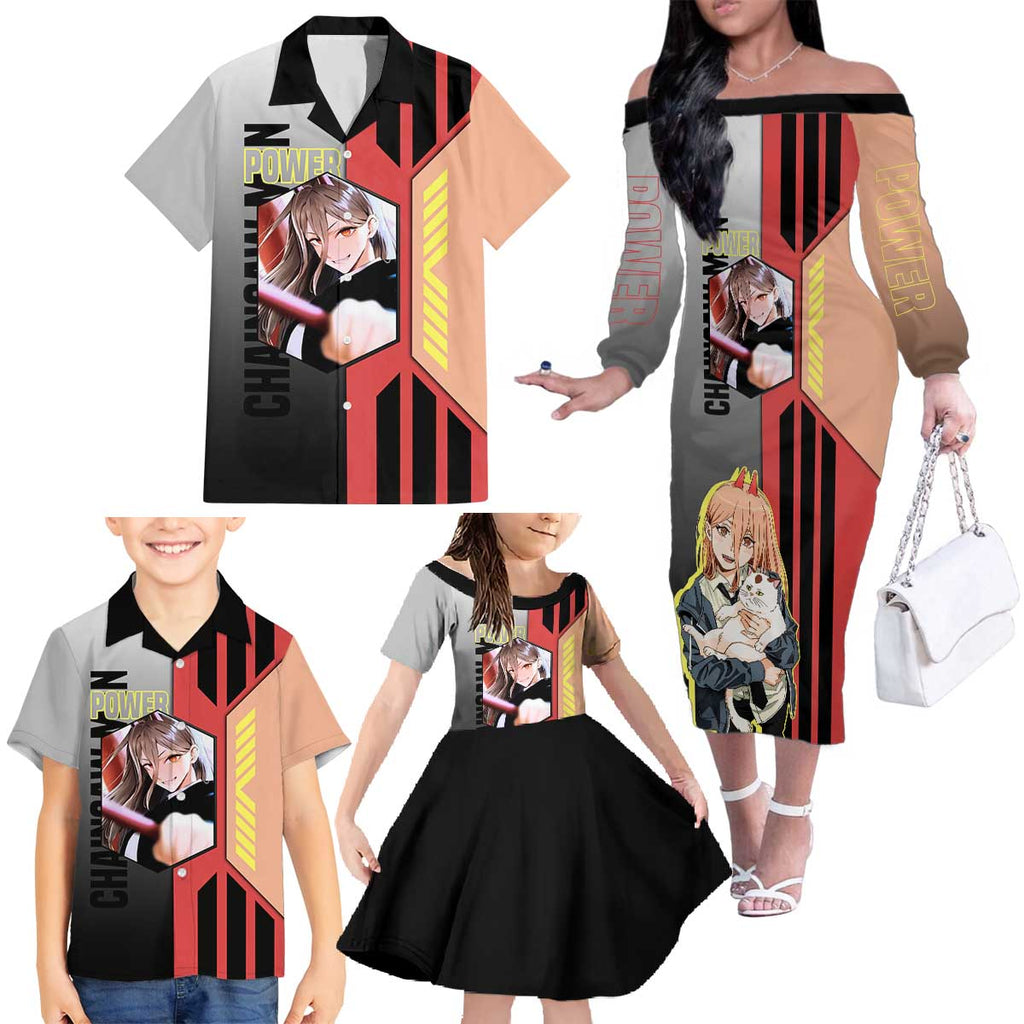 Power from Chainsaw Man Family Matching Off The Shoulder Long Sleeve Dress and Hawaiian Shirt with Cat in Hand and Stylish Pose Design - The Mazicc