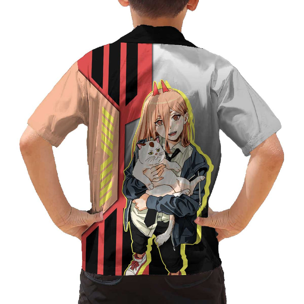 Power from Chainsaw Man Family Matching Off The Shoulder Long Sleeve Dress and Hawaiian Shirt with Cat in Hand and Stylish Pose Design - The Mazicc