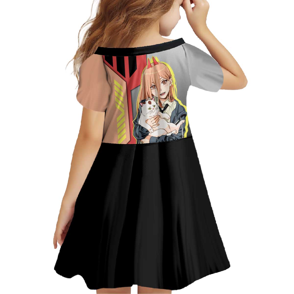 Power from Chainsaw Man Family Matching Off The Shoulder Long Sleeve Dress and Hawaiian Shirt with Cat in Hand and Stylish Pose Design - The Mazicc