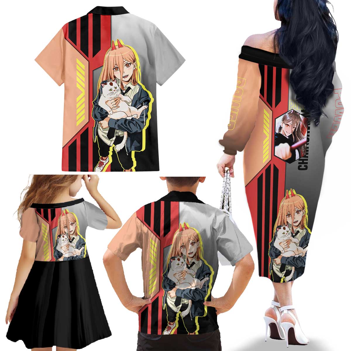 Power from Chainsaw Man Family Matching Off The Shoulder Long Sleeve Dress and Hawaiian Shirt with Cat in Hand and Stylish Pose Design - The Mazicc