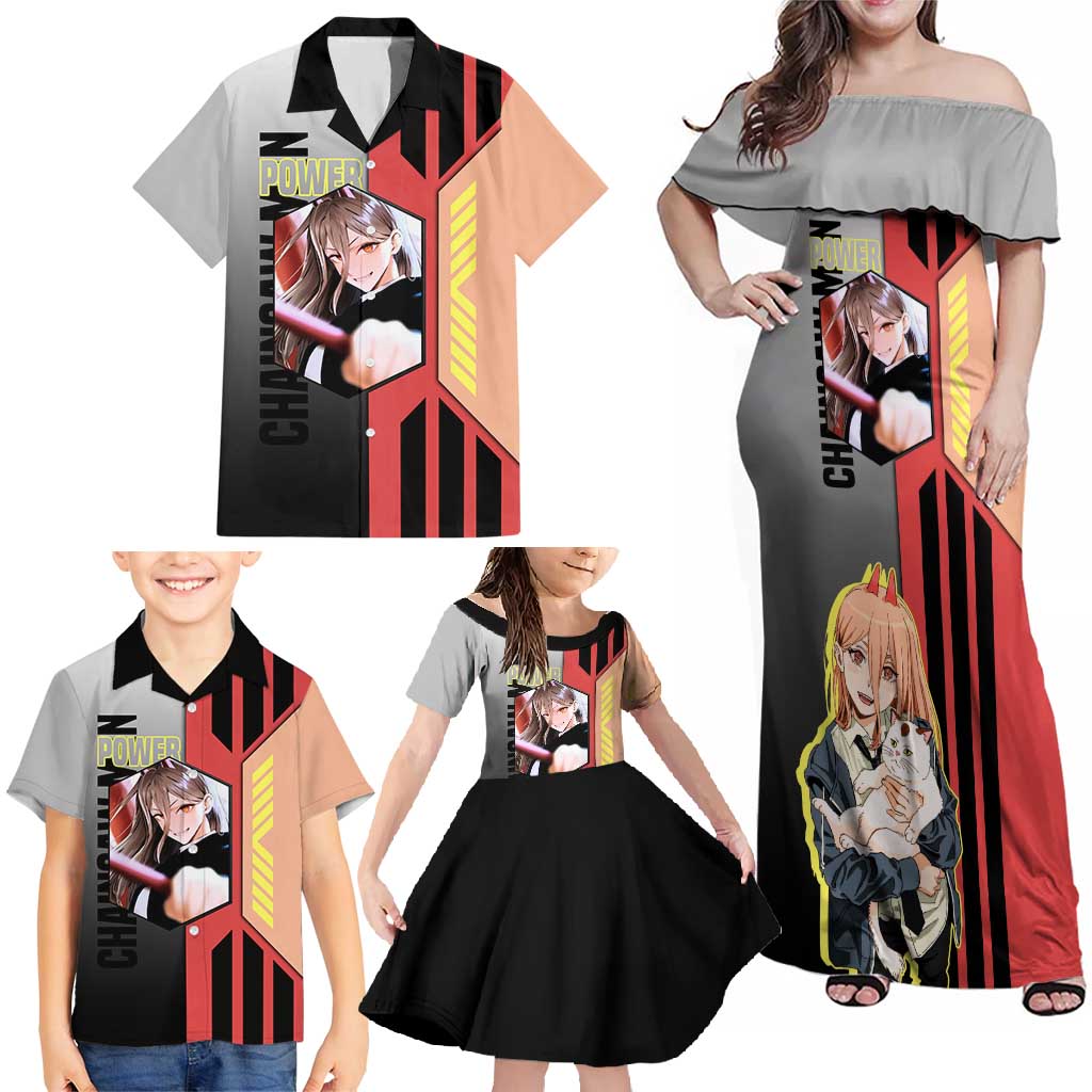 Power from Chainsaw Man Family Matching Off Shoulder Maxi Dress and Hawaiian Shirt with Cat in Hand and Stylish Pose Design - The Mazicc