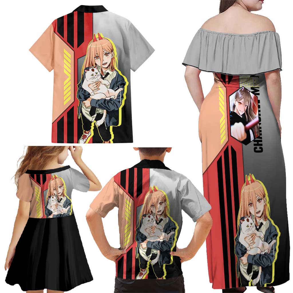Power from Chainsaw Man Family Matching Off Shoulder Maxi Dress and Hawaiian Shirt with Cat in Hand and Stylish Pose Design - The Mazicc