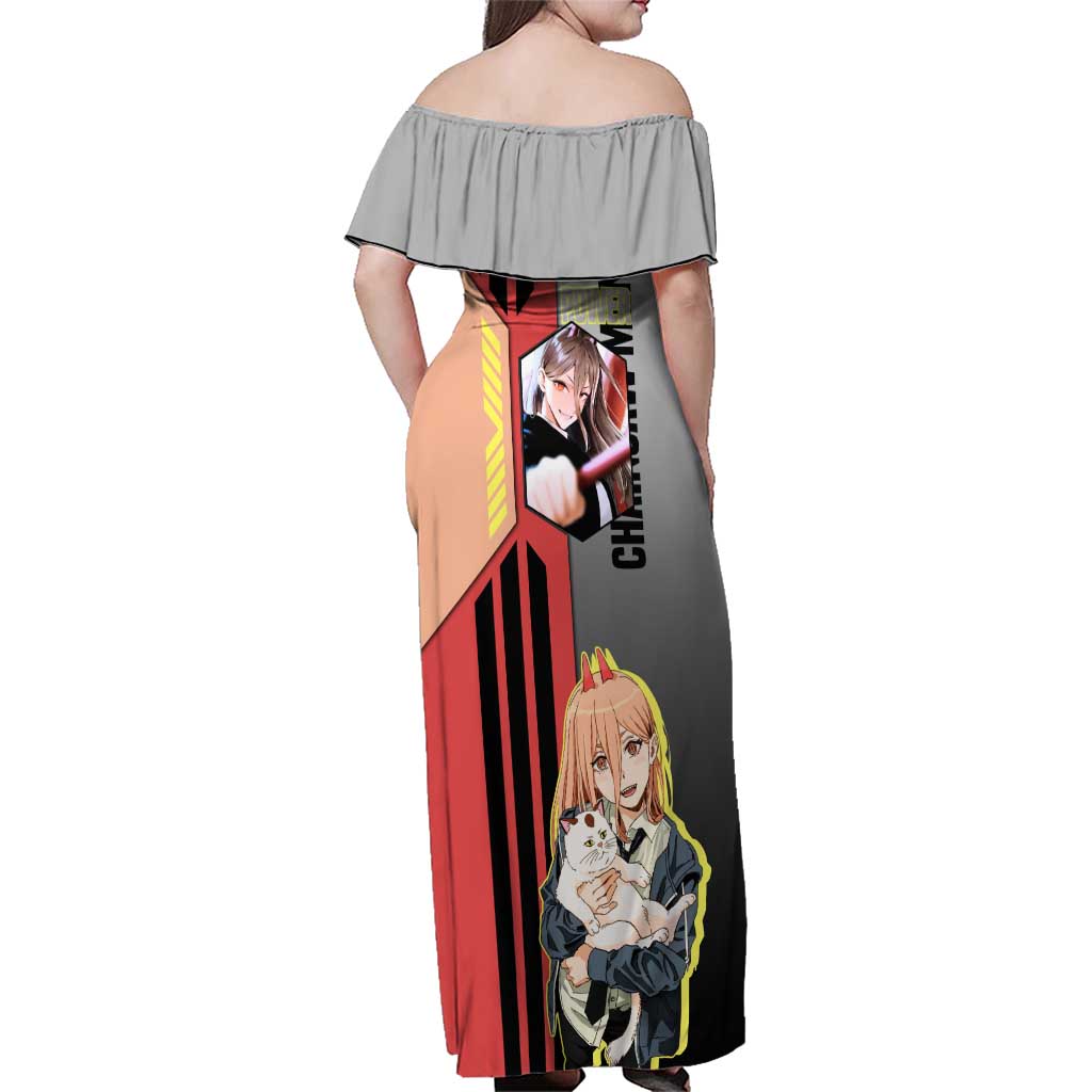 Power from Chainsaw Man Family Matching Off Shoulder Maxi Dress and Hawaiian Shirt with Cat in Hand and Stylish Pose Design - The Mazicc